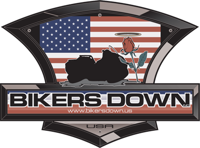 Bikers Down logo: a motorcycle silhouette and a rose in front of an American flag